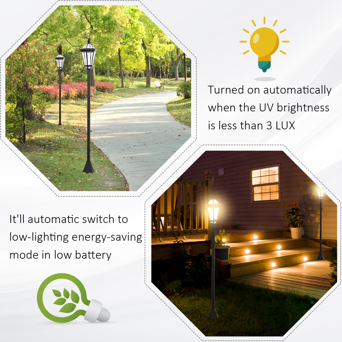 Outsunny Set of 2 Solar LED Garden Lamp Posts with Adjustable Four-Section Poles – Lantern Lights, Black
