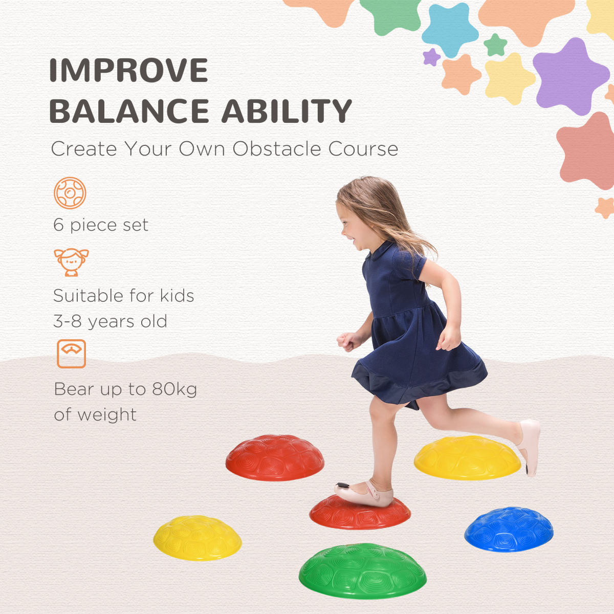 ZONEKIZ 6-Piece Balance River Stones Set with Non-Slip Mats – Kids Stepping Stones for Ages 3–8, Multicoloured