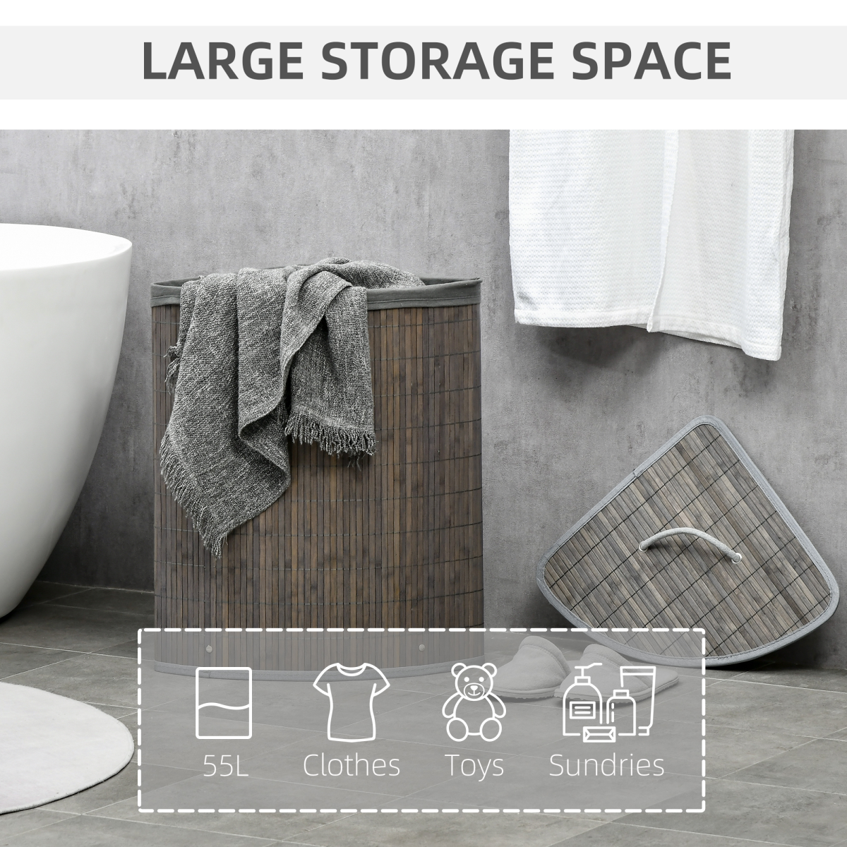 HOMCOM 55L Bamboo Corner Laundry Hamper with Removable Fabric Liner – Space-Saving Storage, Grey