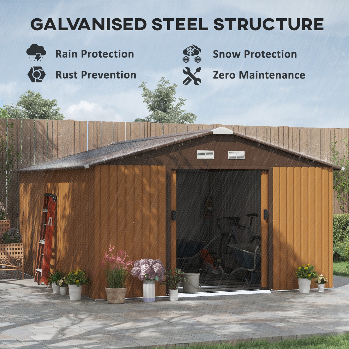 Outsunny 13ft x 11ft Metal Garden Storage Shed with Foundation, Vents & Wide Doors – Light Brown