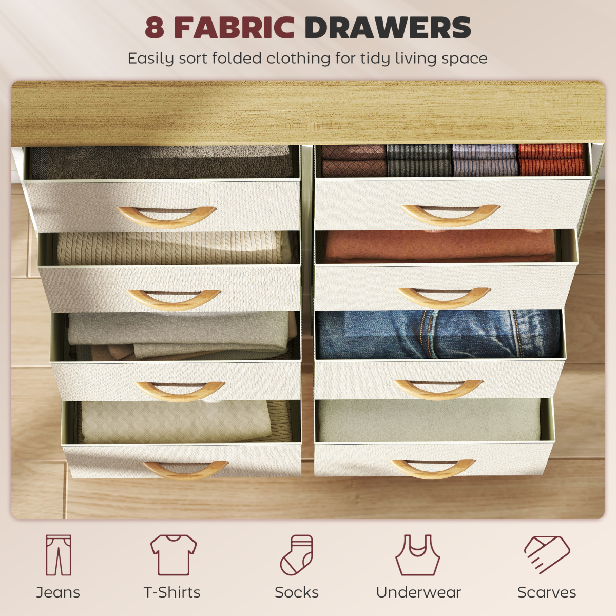 Fabric Chest of Drawers with 8 Drawers, Side Pockets & Hooks – Steel Frame Storage Unit, Beige and Natural Wood
