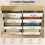 Fabric Chest of Drawers with 8 Drawers, Side Pockets & Hooks – Steel Frame Storage Unit, Beige and Natural Wood