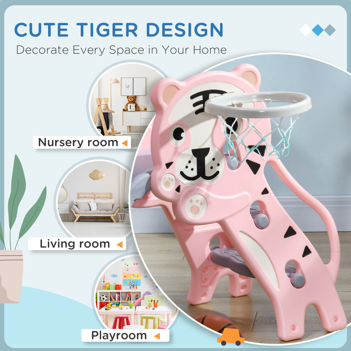 Kids 3-in-1 Slide with Climber & Basketball Hoop – Indoor Toddler Play Slide for 18-36 Months, Pink & Grey