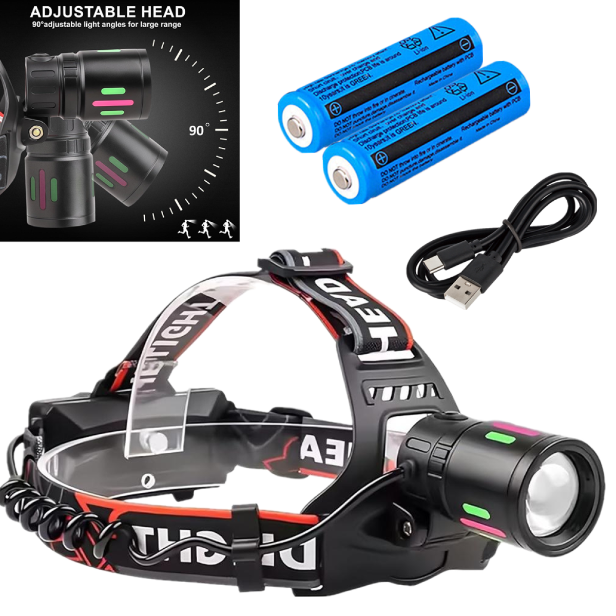USB Rechargeable LED Headlamp with Zoomable Beam, 3 Light Modes & Tail Warning Light – Camping & Hiking