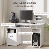 HOMCOM Computer Workstation with Keyboard Tray, Side Drawer, Monitor & Scanner Shelf – White Home Office Desk