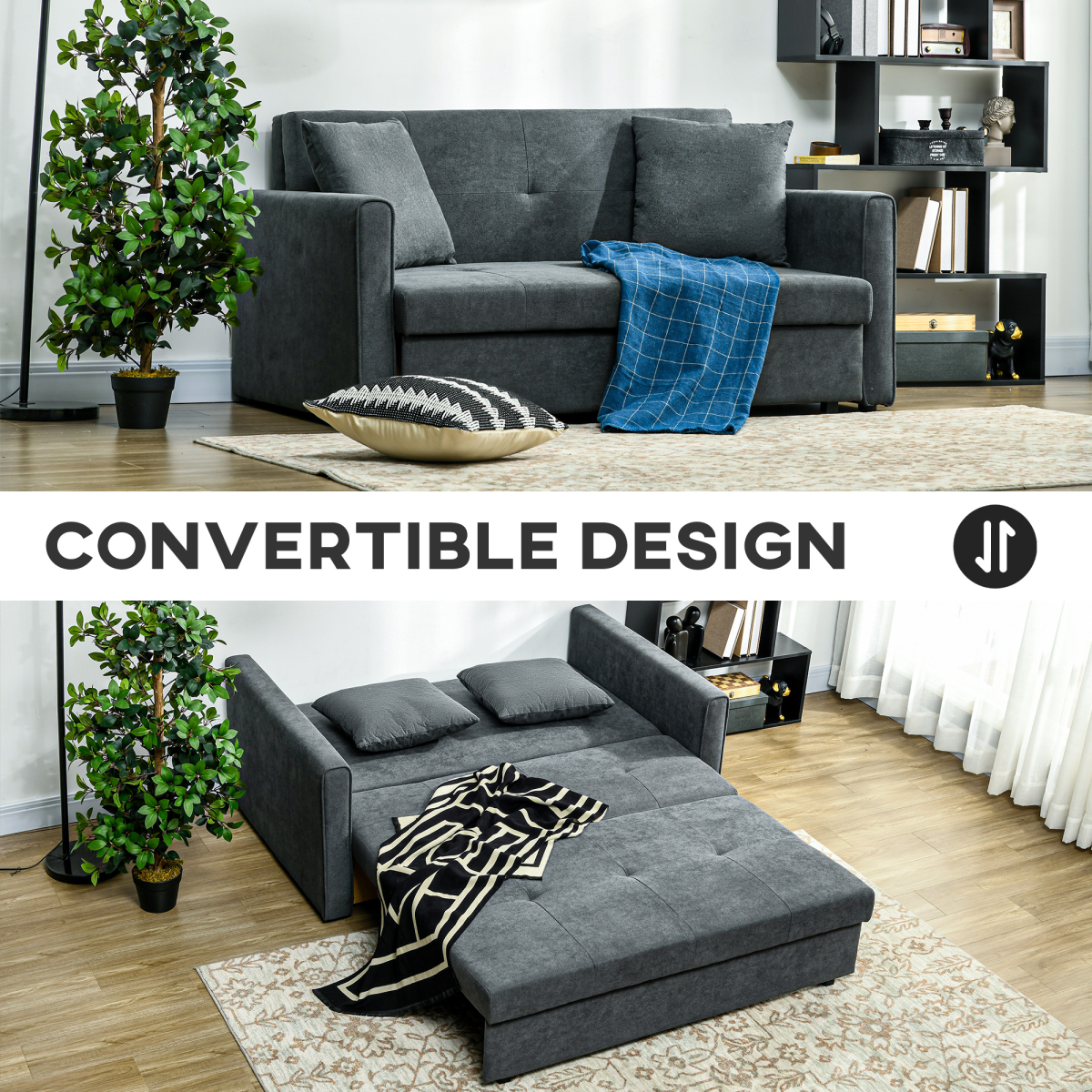 HOMCOM 2 Seater Sofa Bed with Hidden Storage & 2 Cushions – Convertible Loveseat for Guests & Small Homes