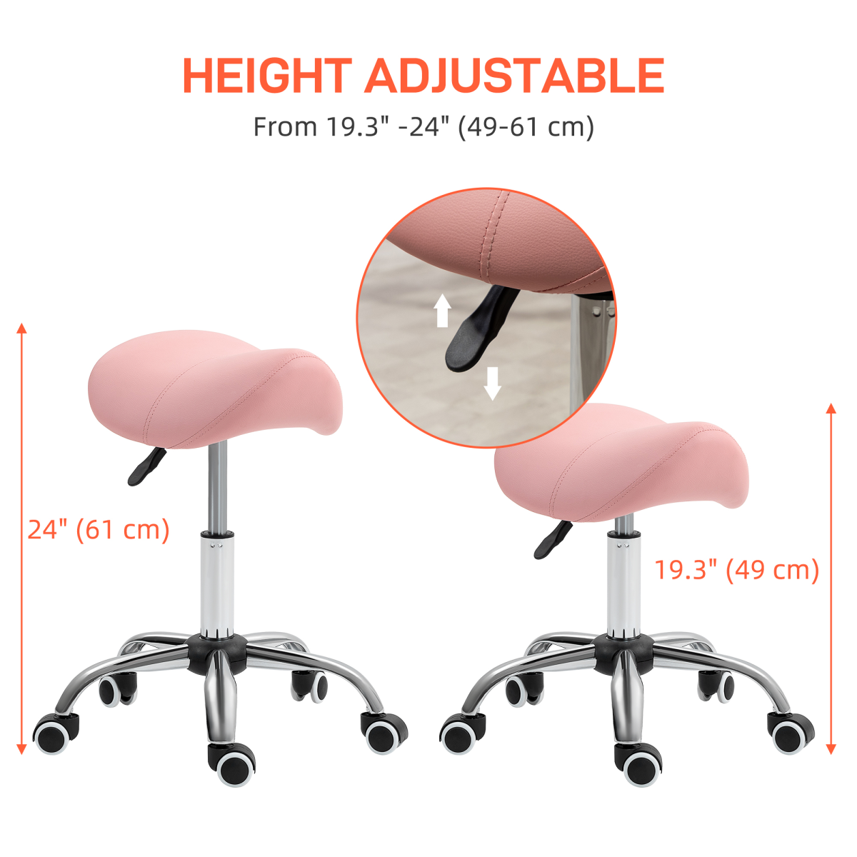 HOMCOM PU Leather Saddle Stool with Moulded Padded Seat, 49–61cm Adjustable Height – Salon & Home Use, Pink