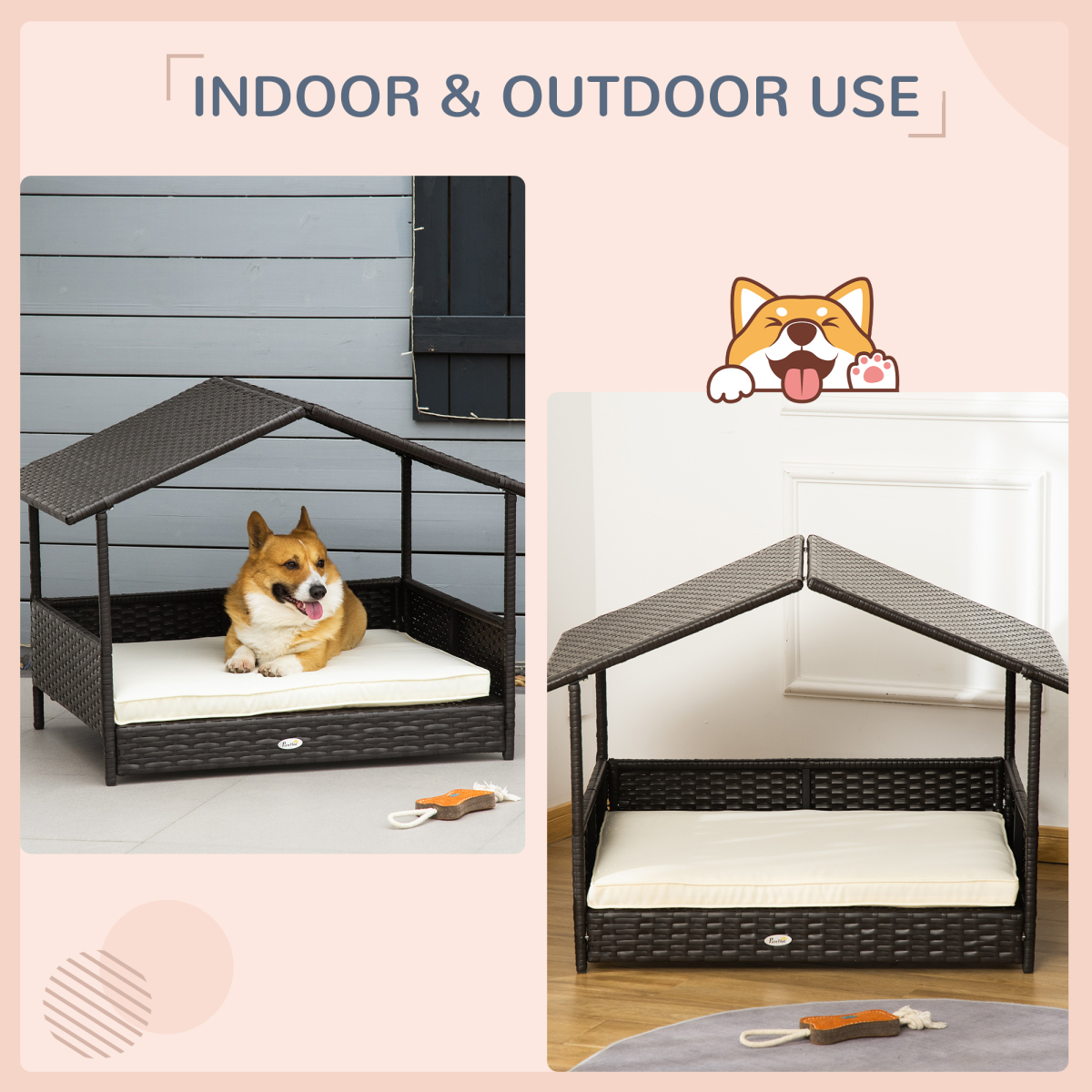 PawHut Wicker Dog House with Soft Cushion – Raised Rattan Pet Bed & Cat Basket for Small and Medium Dogs, Cream