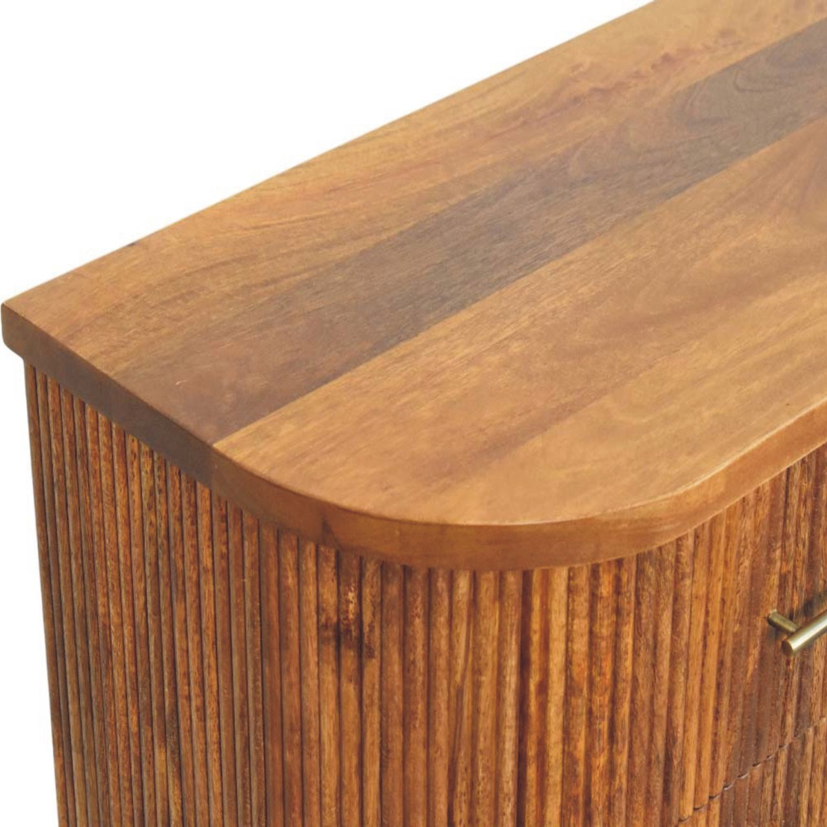 Artisan Furniture Emerson Ribbed Chest of 3 Drawers – Solid Mango Wood with Brass Handles, Amber Oak Brown