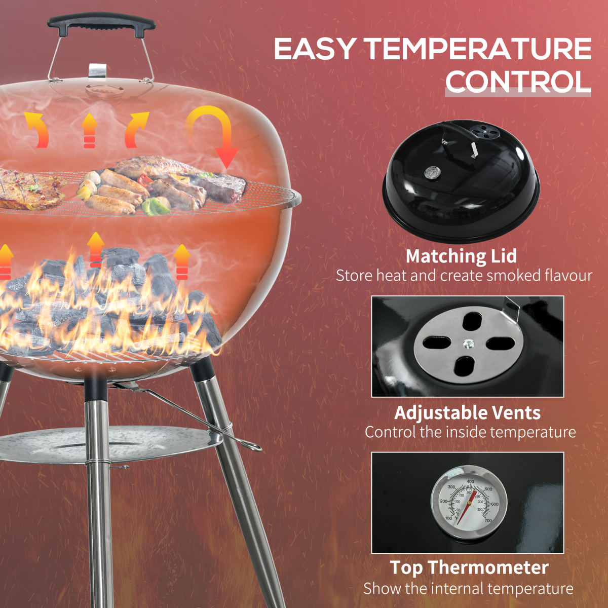Outsunny Portable Kettle Charcoal BBQ Grill & Smoker with Lid, Thermometer, Wheels & Cover – Black