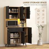 HOMCOM Tall Kitchen Cupboard with USB RGB LED Lights & Adjustable Shelves – Pantry Storage, Oak