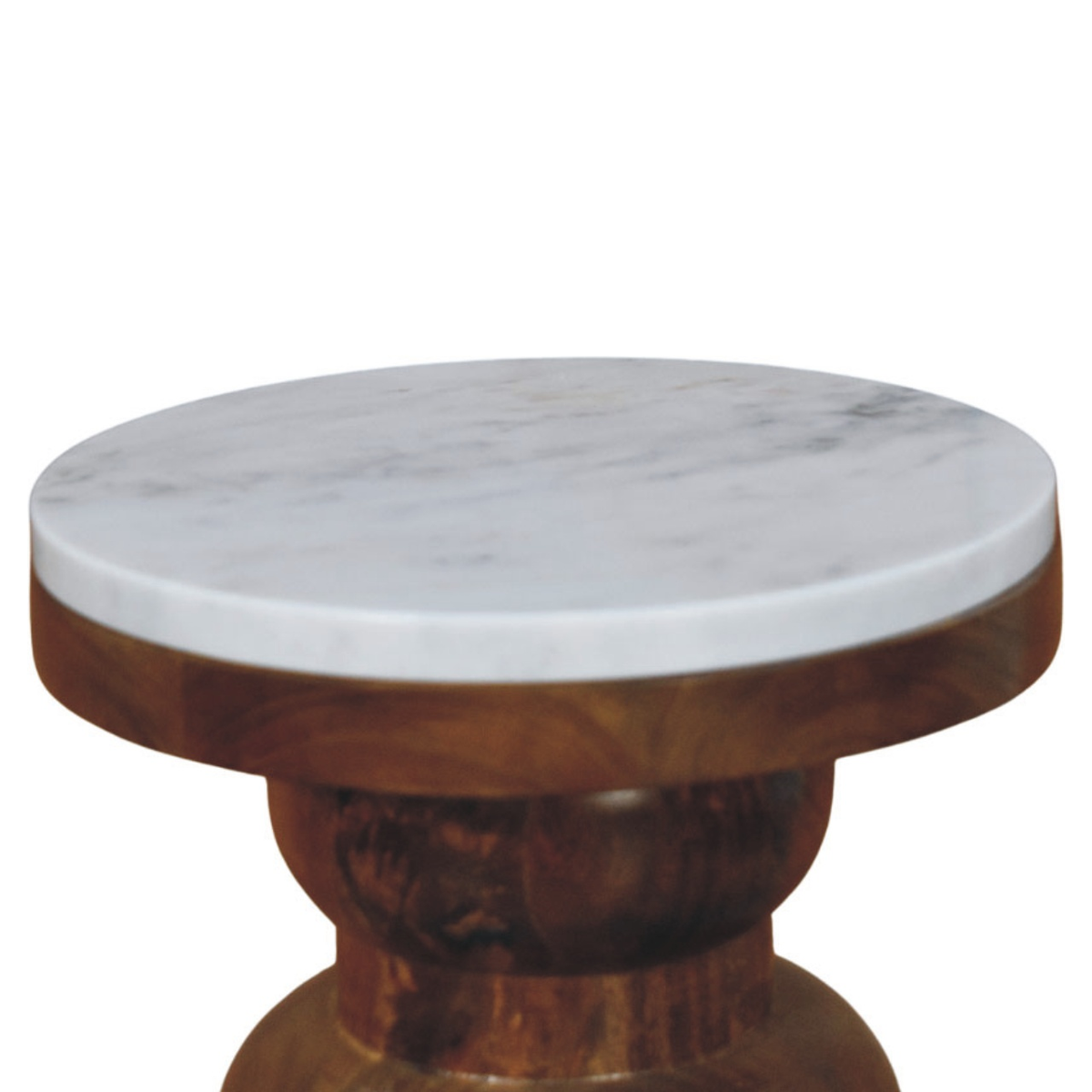 Artisan Furniture Solid Wood Marble Top Bulla Side Table with Stacked Rounded Base – Accent Table, Brown & White
