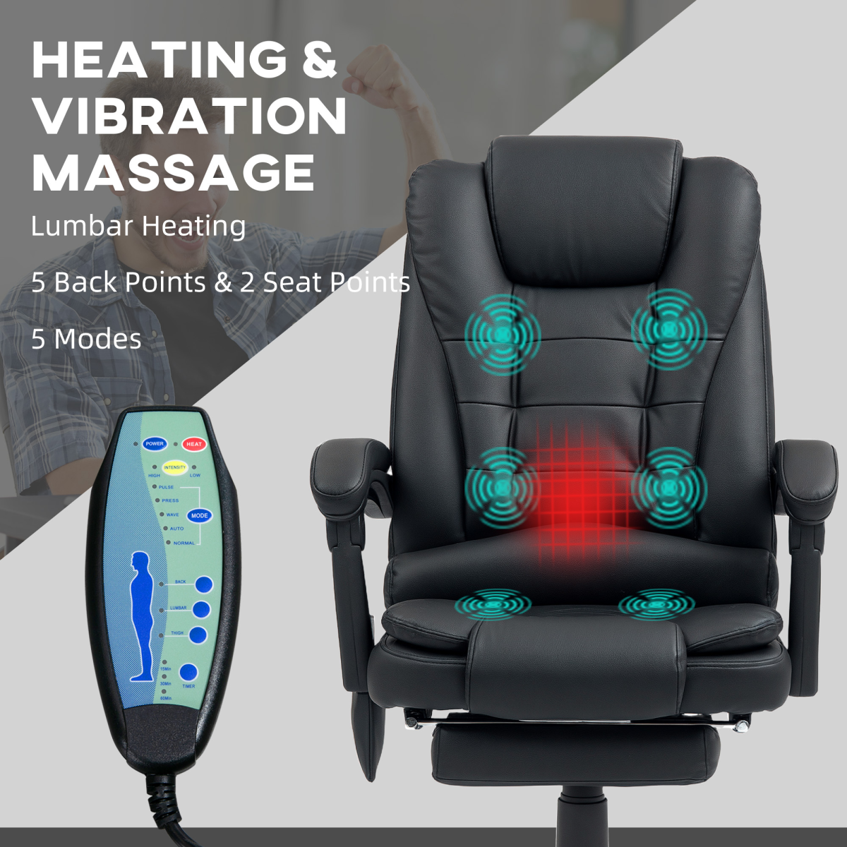 Vinsetto Heated Massage Office Chair with 6-Point Vibration, 135° Recline & Footrest – Black PU Leather