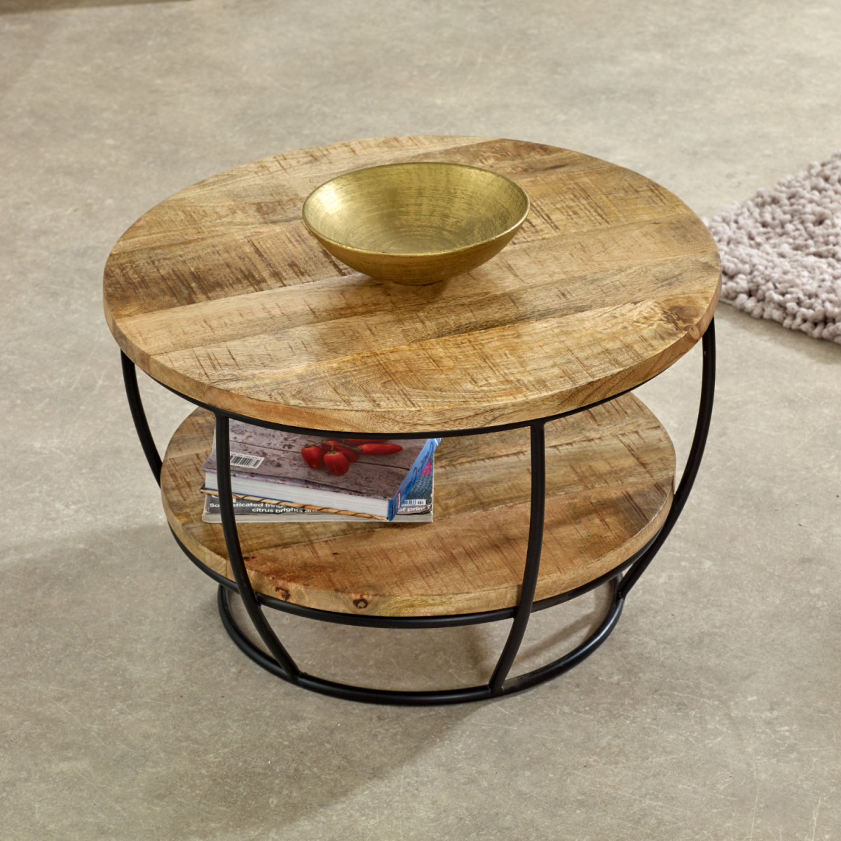 Indian Hub Surrey Solid Mango Wood & Metal Coffee Table with Lower Shelf – Handmade Living Room Table