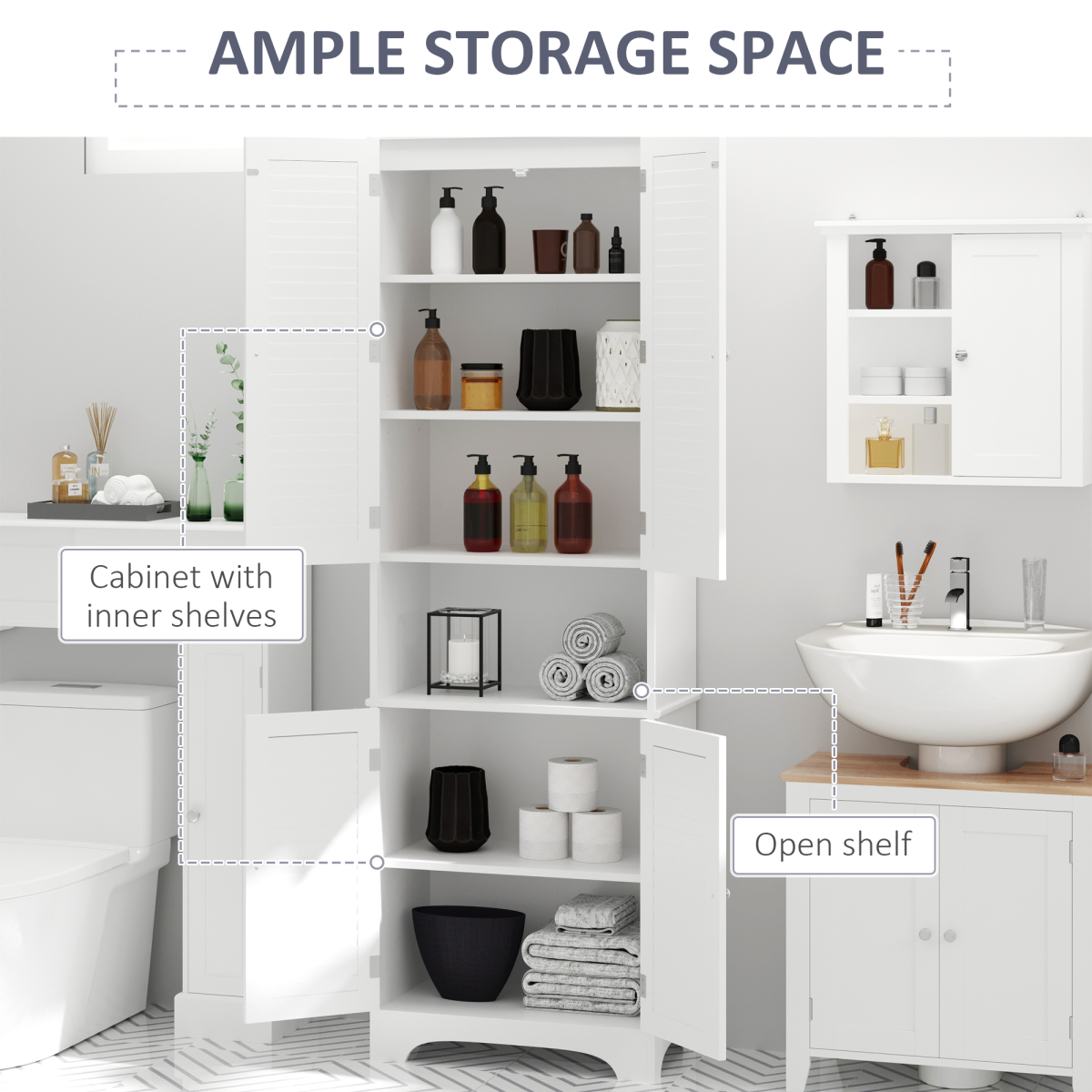 HOMCOM 183cm Tall Slim Bathroom Cabinet with Retro Shutter Doors and 3 Compartments – White
