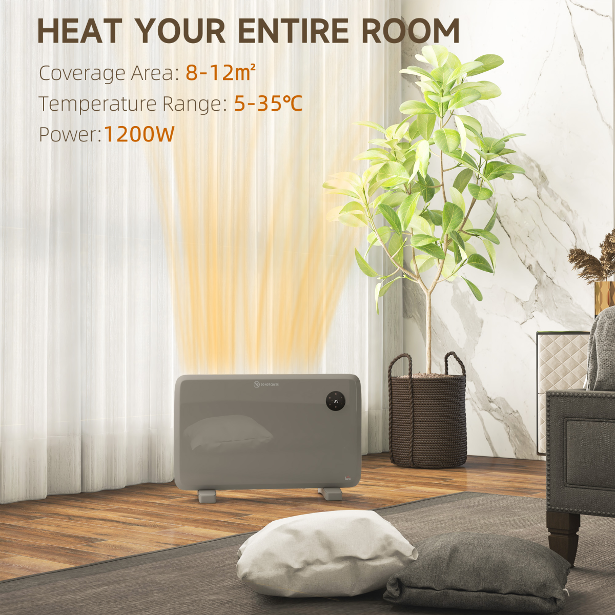 HOMCOM 1200W Quiet Electric Convector Heater with LED Display – Freestanding or Wall-Mountable, Grey