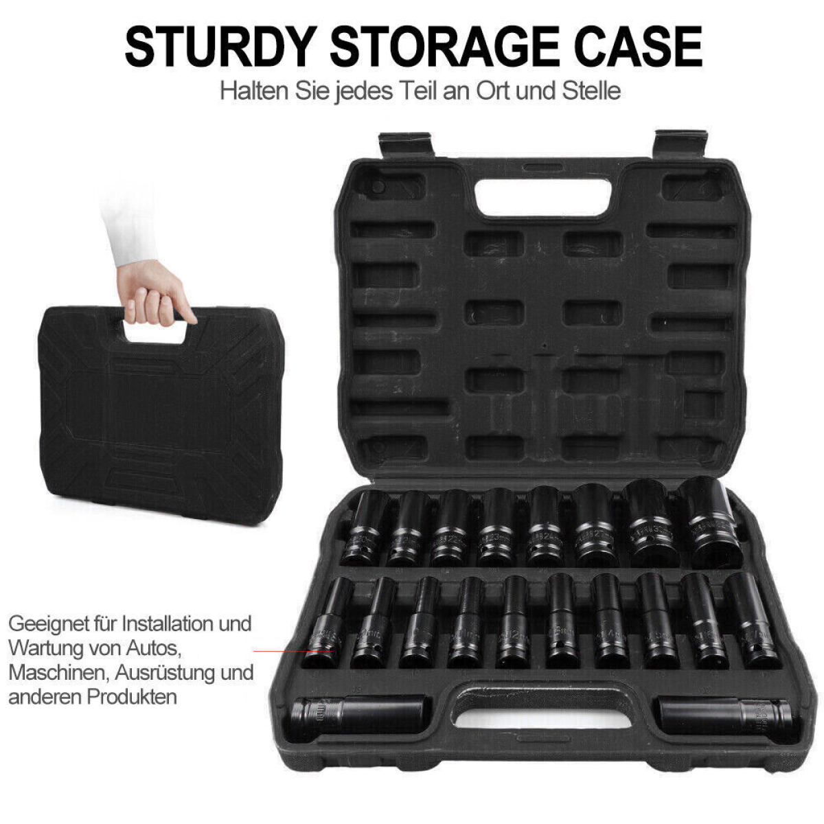 20-Piece Deep Impact Socket Set, 1/2 Inch Drive Metric 8–32mm – High-Carbon Steel with Storage Case