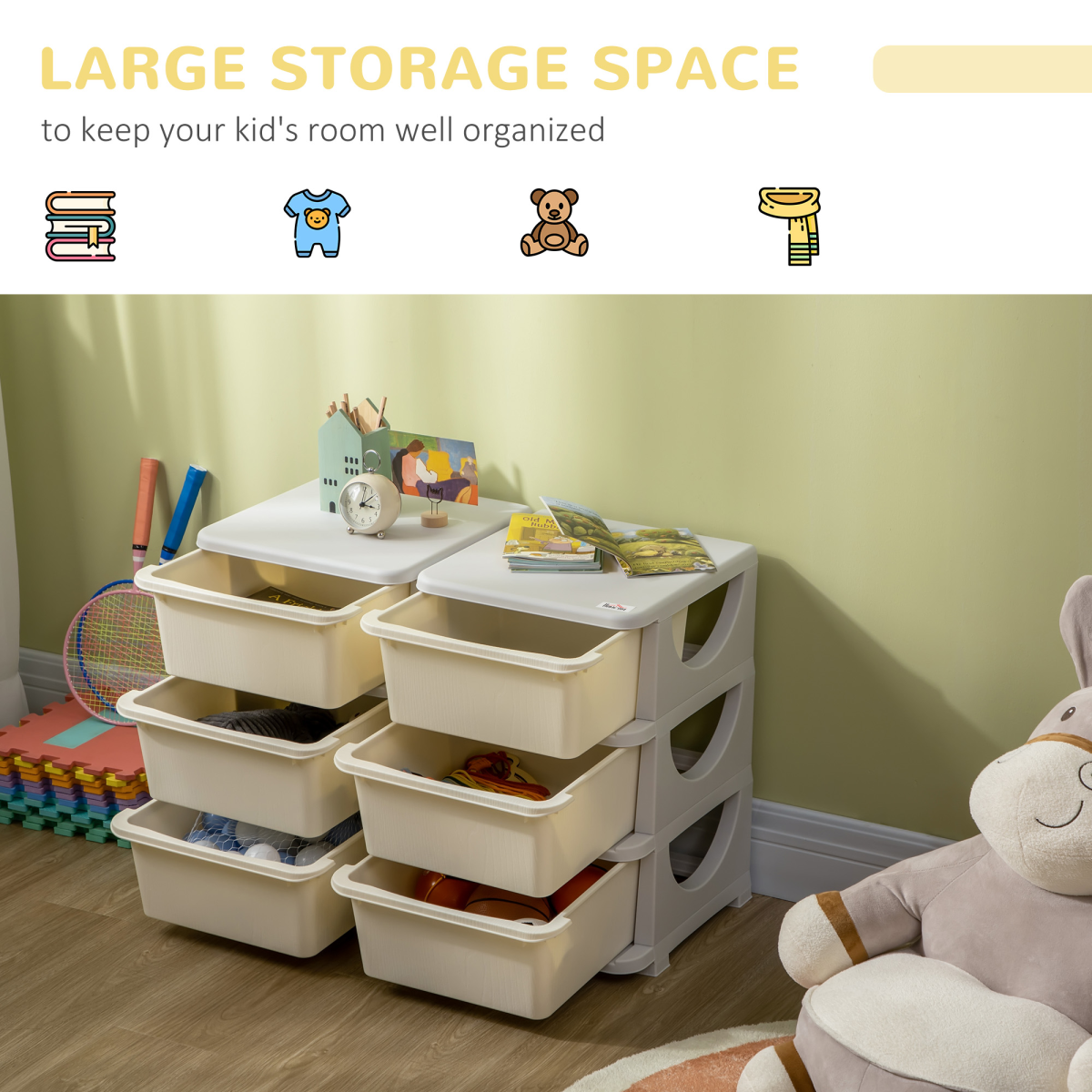 HOMCOM Kids Storage Unit with Six Drawers – Vertical Toy Box Dresser for Bedroom & Playroom, Cream