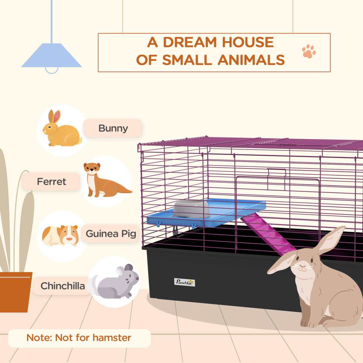 PawHut Small Animal Cage with Platform, Ramp and Hay Feeder – Rabbit and Guinea Pig Hutch Playhouse, Black