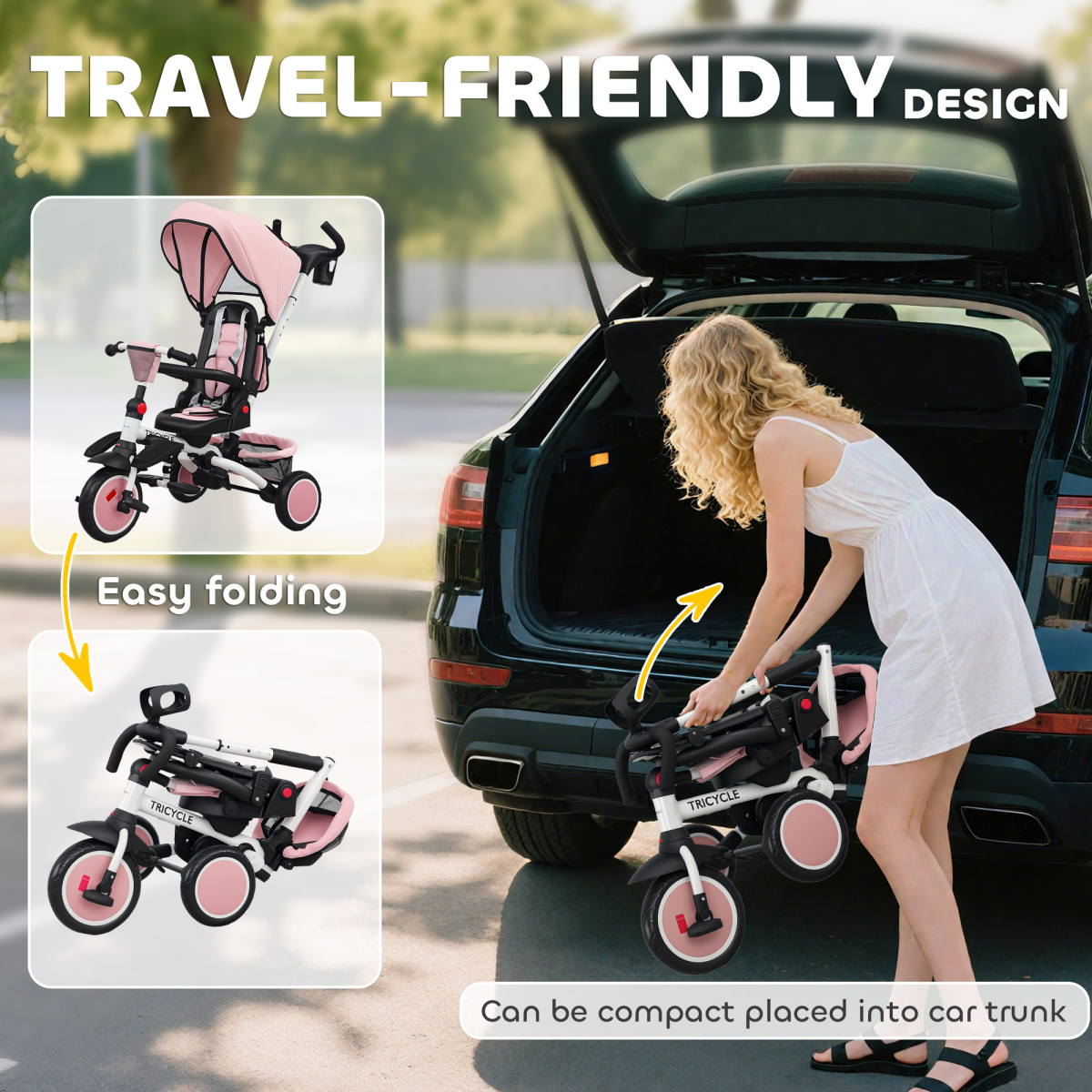 6-in-1 Kids Trike with Adjustable Backrest & Rotating Seat – Foldable Push Tricycle, 12-60 Months, Pink