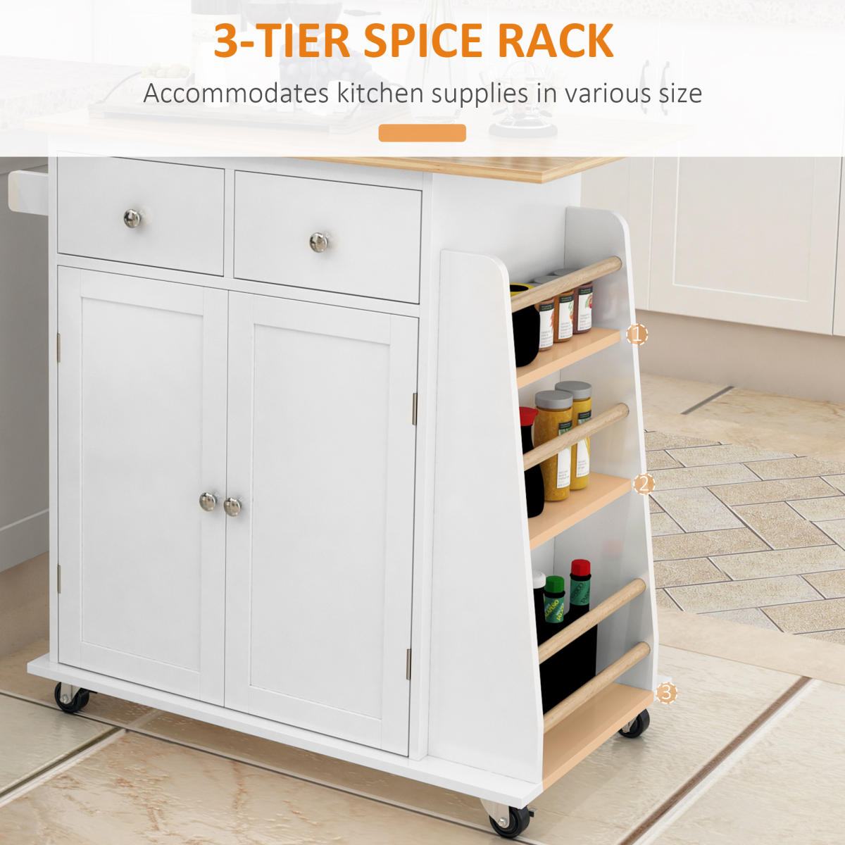 HOMCOM Kitchen Island with Rubberwood Top, 2 Drawers, Cupboard and 3-Tier Spice Rack – Storage on Wheels