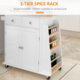 HOMCOM Kitchen Island with Rubberwood Top, 2 Drawers, Cupboard and 3-Tier Spice Rack – Storage on Wheels
