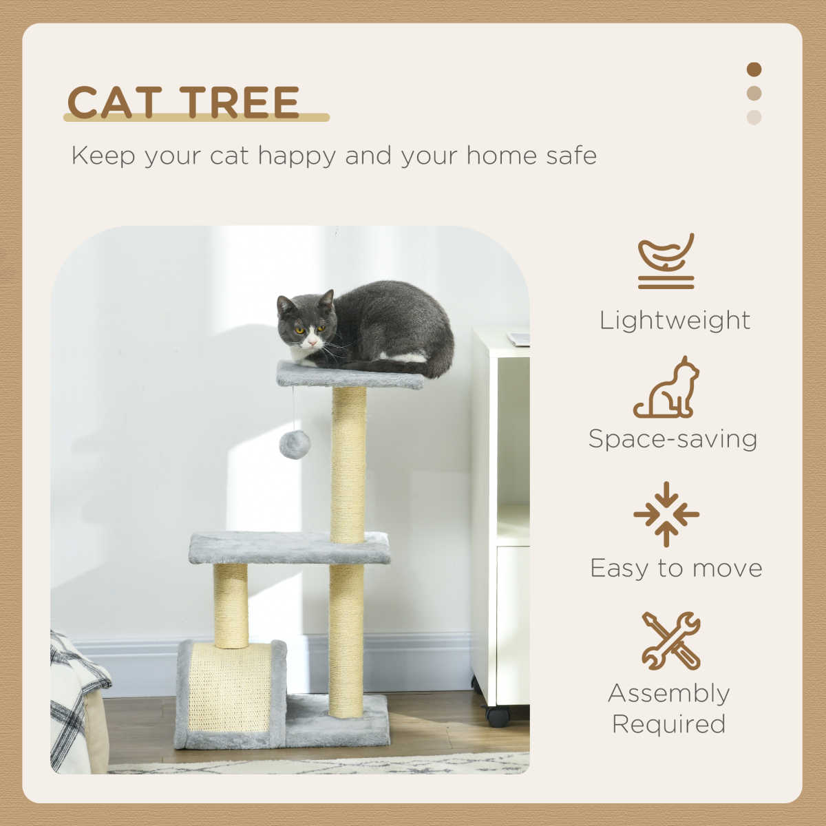 PawHut 72cm Multi-Level Cat Tree Climbing Tower with Sisal Scratching Post and Perches – Light Grey