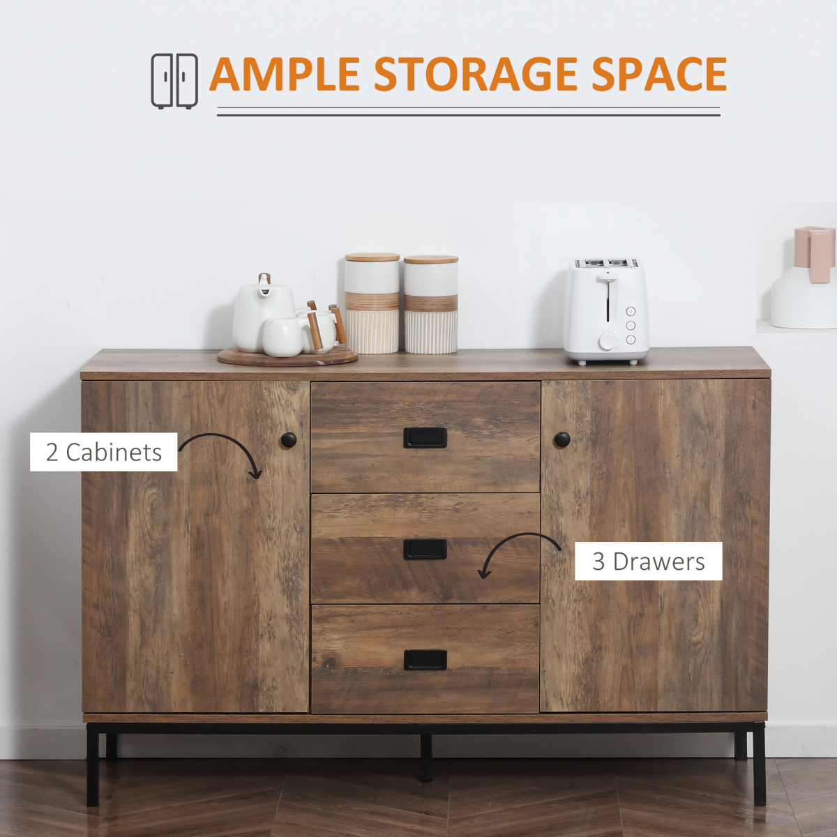 HOMCOM Industrial Sideboard Storage Cabinet with 3 Drawers & 2 Cabinets – Distressed Brown