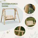 Outsunny 2-Seater Wooden Porch Swing Bench with Armrests & Curved Back – Rustic Garden Hanging Seat