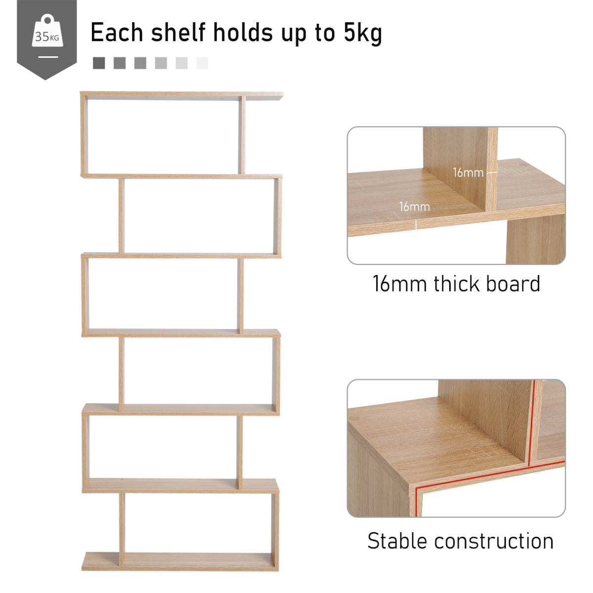 6-Tier Modern S-Shaped Wooden Shelf Storage Unit – Bookcase & Display Cabinet for Home Office, Oak Colour