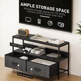 Industrial TV Stand with 2 Foldable Fabric Drawers for TVs up to 47 in – Steel Frame Media Unit, Black & Charcoal