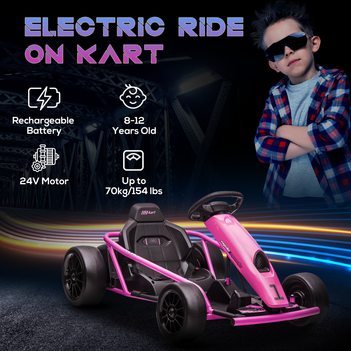HOMCOM 24V Electric Go Kart for Kids with Music, Horn & Slow Start – Drifting Ride-On, Pink