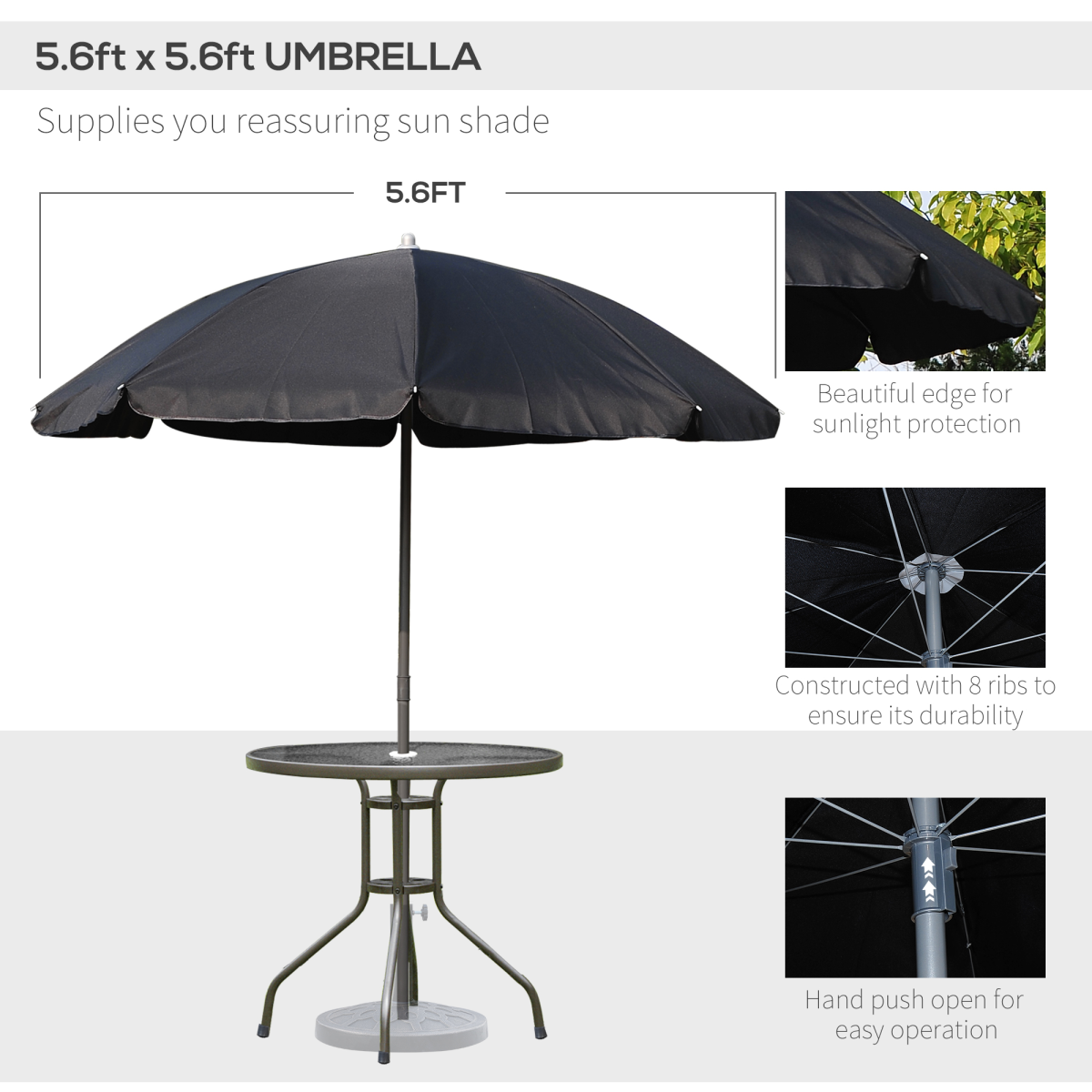 Outsunny 6-Piece Garden Bistro Set with 4 Folding Texteline Chairs, Glass Table & Parasol – Black