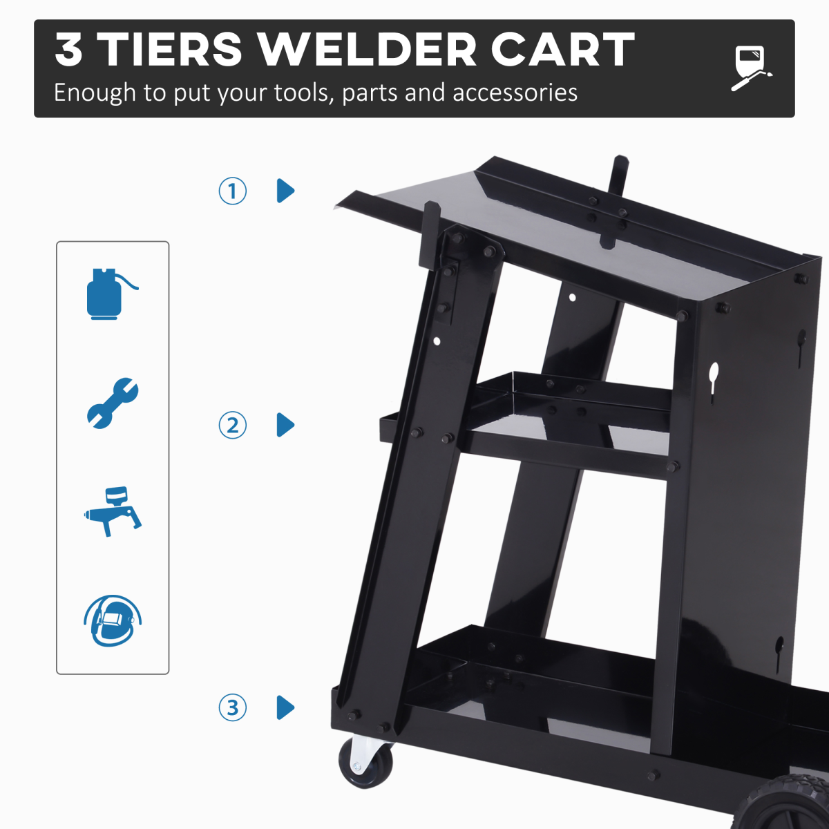 DURHAND Welding Cart with 3 Storage Trays, Safety Chains and 4 Wheels – Gas Bottle Welder Trolley, Black