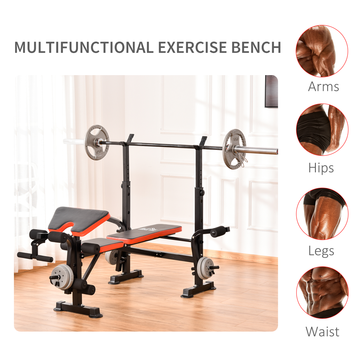 HOMCOM Multi-Function Adjustable Weight Bench with Barbell Rack, Preacher Curl Pad & Leg Curl – Home Gym