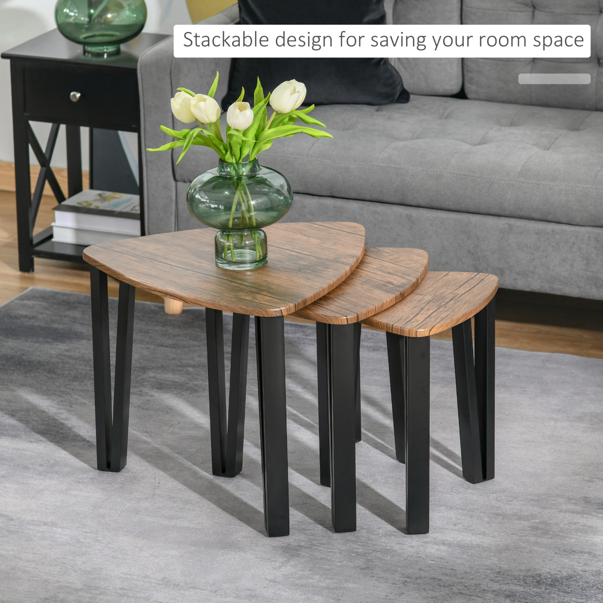 3-Piece Stackable Coffee Table Set with Walnut-Effect MDF Tops & Steel Frames – Nesting Tables