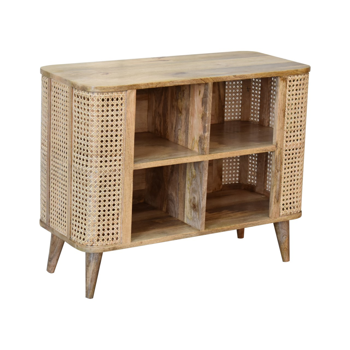 Artisan Furniture Solid Wood Larissa Open Double Cabinet with Rattan Design – 4 Shelves, Beige