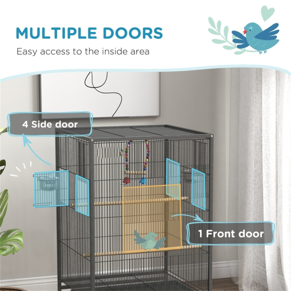 Rolling Bird Cage with Stand – Budgie, Canary and Finch Cage with Swing, Perches, Bowls and Storage Shelf, Grey