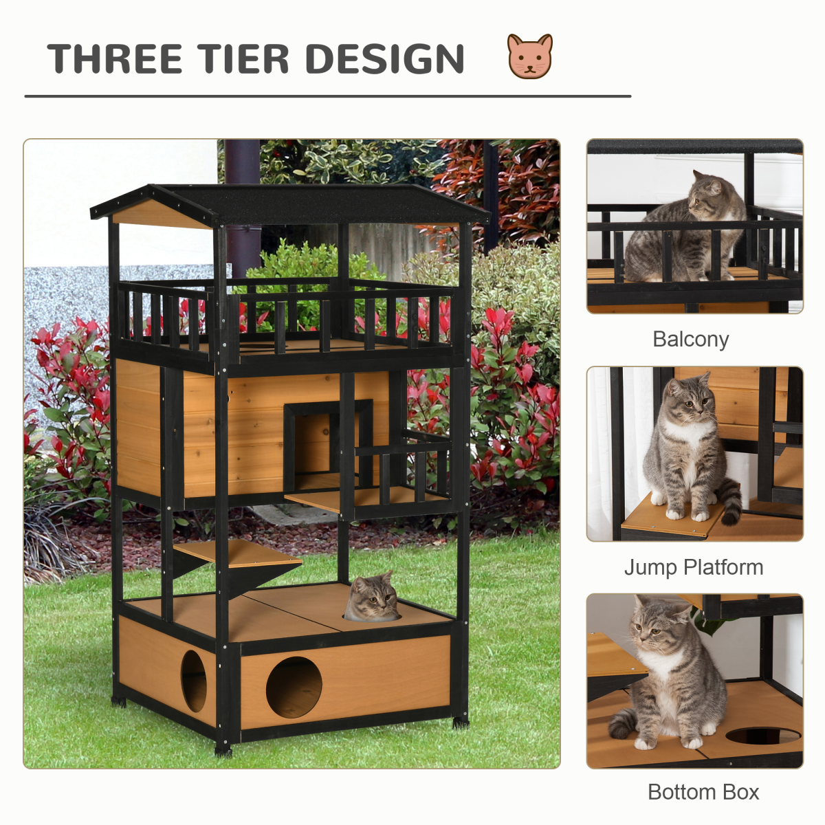 PawHut Wooden Outdoor Cat House with 3 Tiers, Tilted Roof and Balconies – Kitten Shelter, Yellow