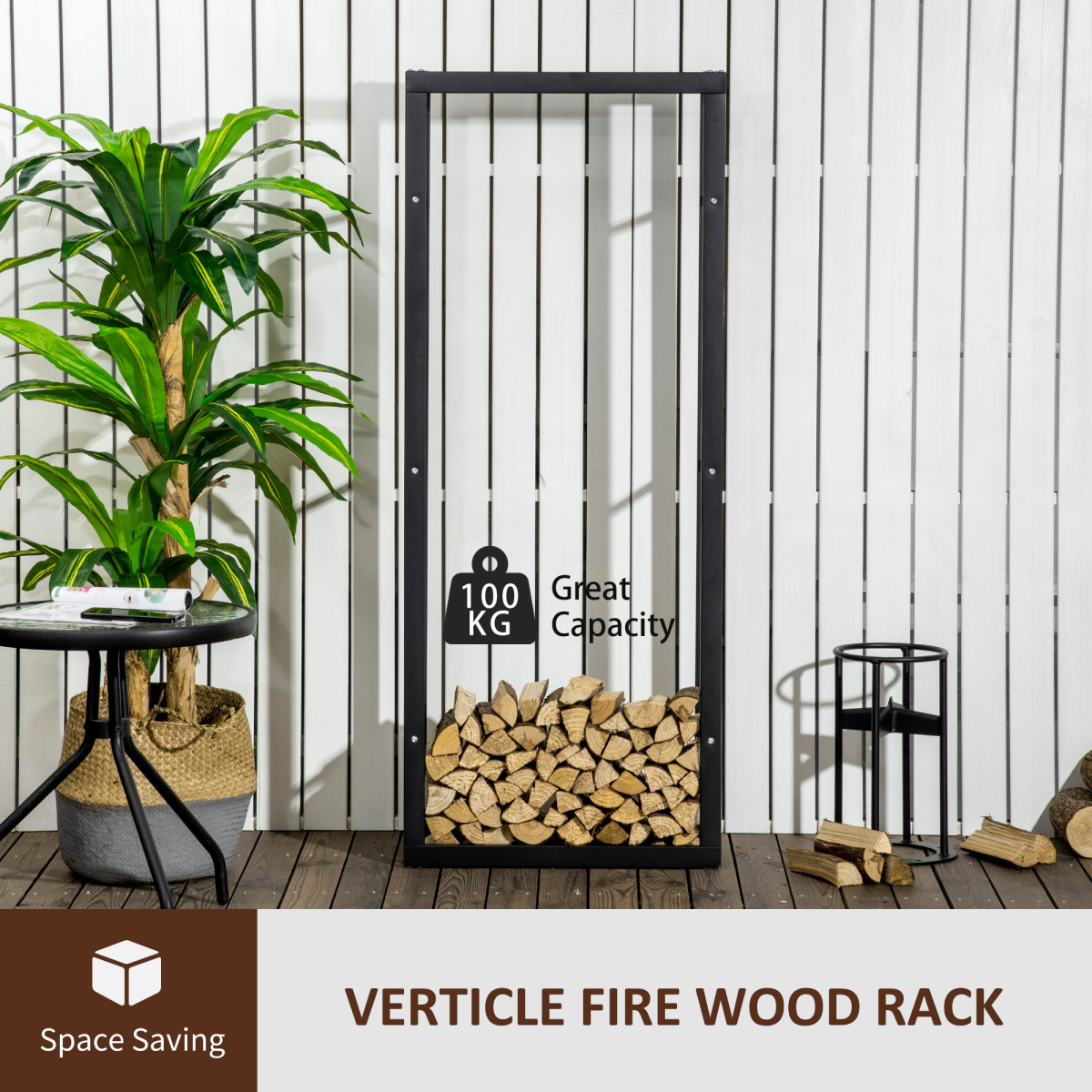 SPORTNOW 150cm Metal Firewood Log Holder Rack with Elevated Design, Balanced Base and Side Rails – Black