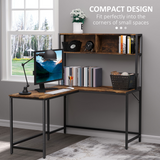 HOMCOM Industrial L-Shaped Desk with Upper Shelf, 149 x 140cm – Corner Home Office Workstation, Brown & Black