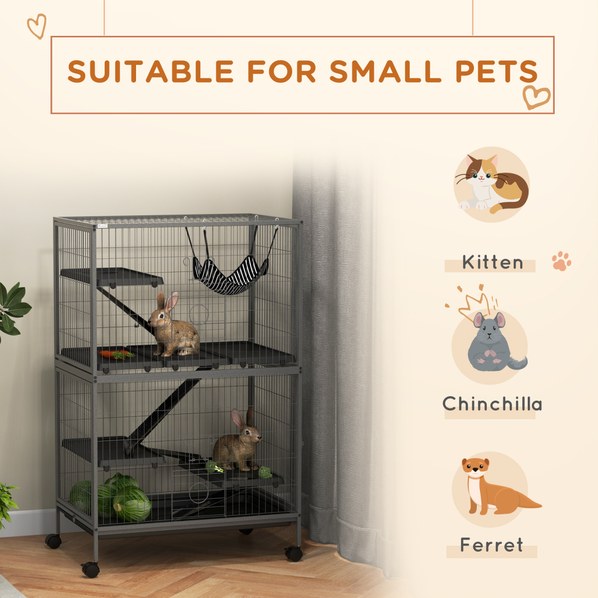 PawHut Multi-Level Small Animal Cage on Wheels with Hammock & Tray – Chinchilla, Ferret & Kitten Habitat, Grey
