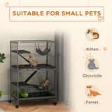 PawHut Multi-Level Small Animal Cage on Wheels with Hammock & Tray – Chinchilla, Ferret & Kitten Habitat, Grey