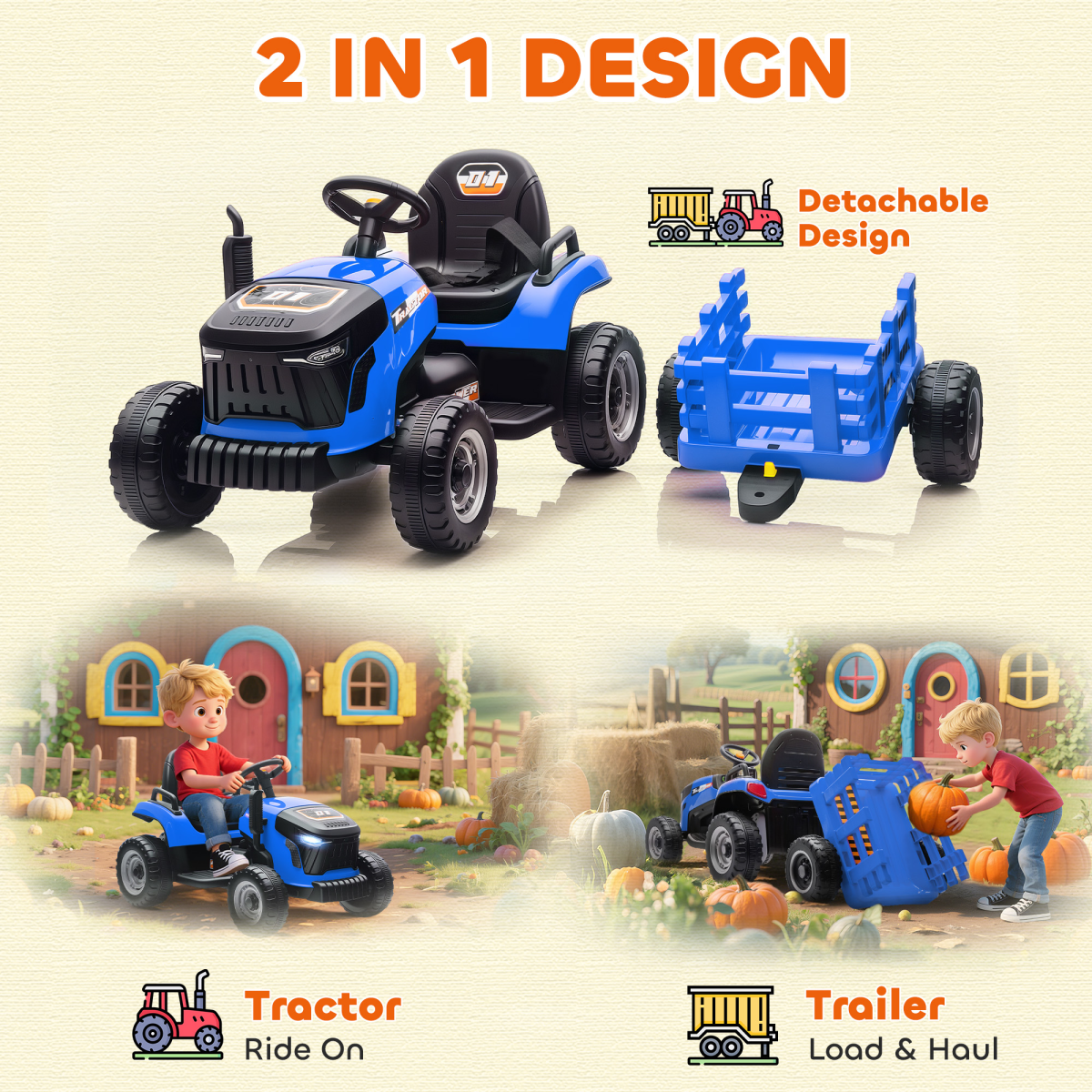 Kids Electric Ride-On Truck with Detachable Trailer & Remote Control, 12V – Construction Car for Ages 3-8, Blue