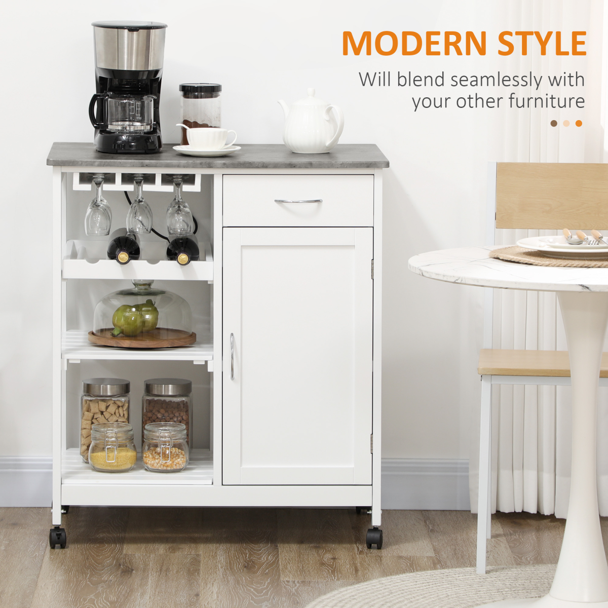 HOMCOM Kitchen Trolley Utility Cart with Wine Rack, Drawer & Shelves – Marble-Effect Top, White