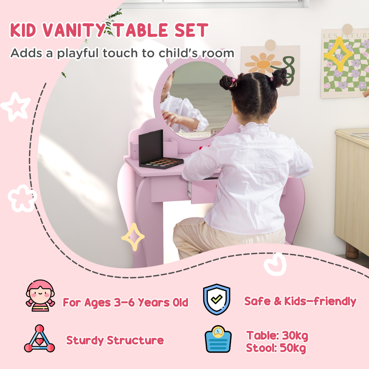 ZONEKIZ Kids Dressing Table with Mirror, Stool, Drawer & Side Storage Boxes – Cat Design Vanity Set, Pink