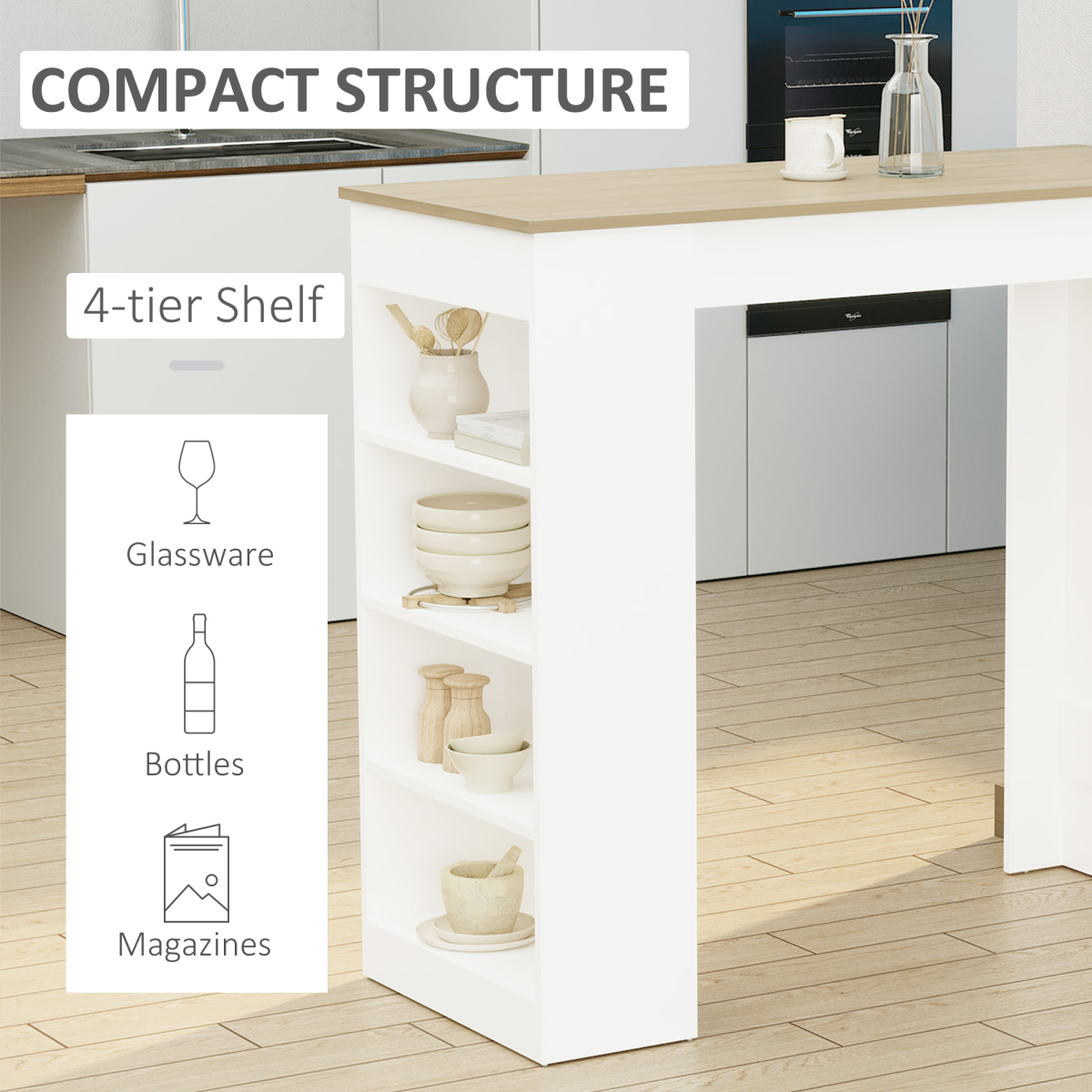 HOMCOM Bar Table with 4-Tier Side Shelves – Compact Kitchen Dining Table, Natural