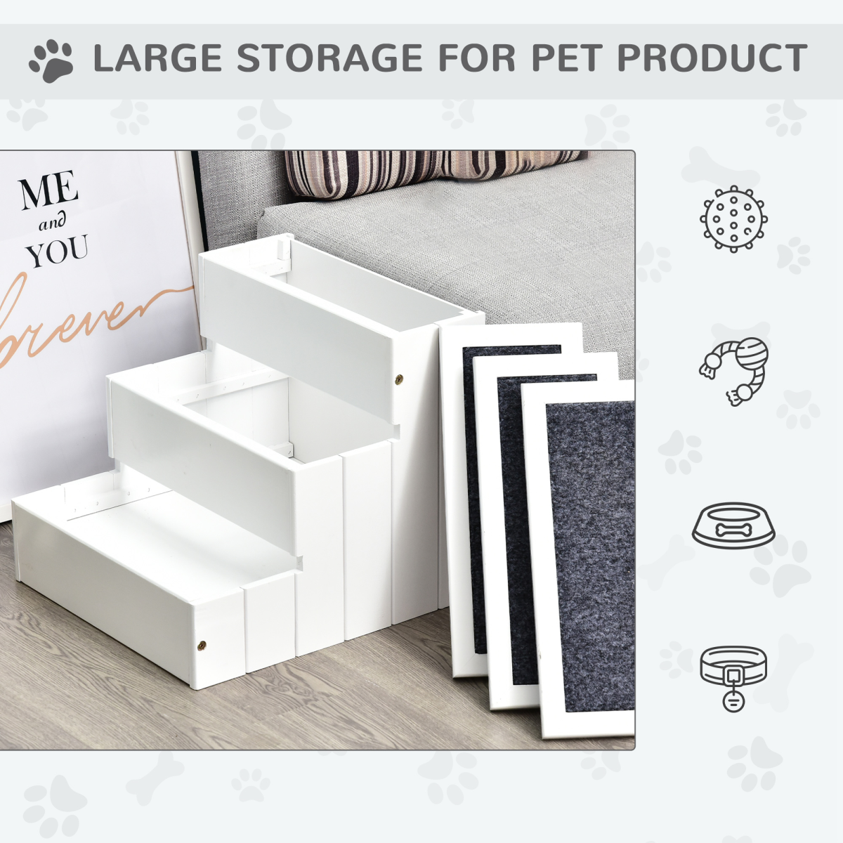 PawHut 3-Step Wooden Pet Stairs with Hidden Storage and Carpet Panels – Dog Steps for Bed and Sofa