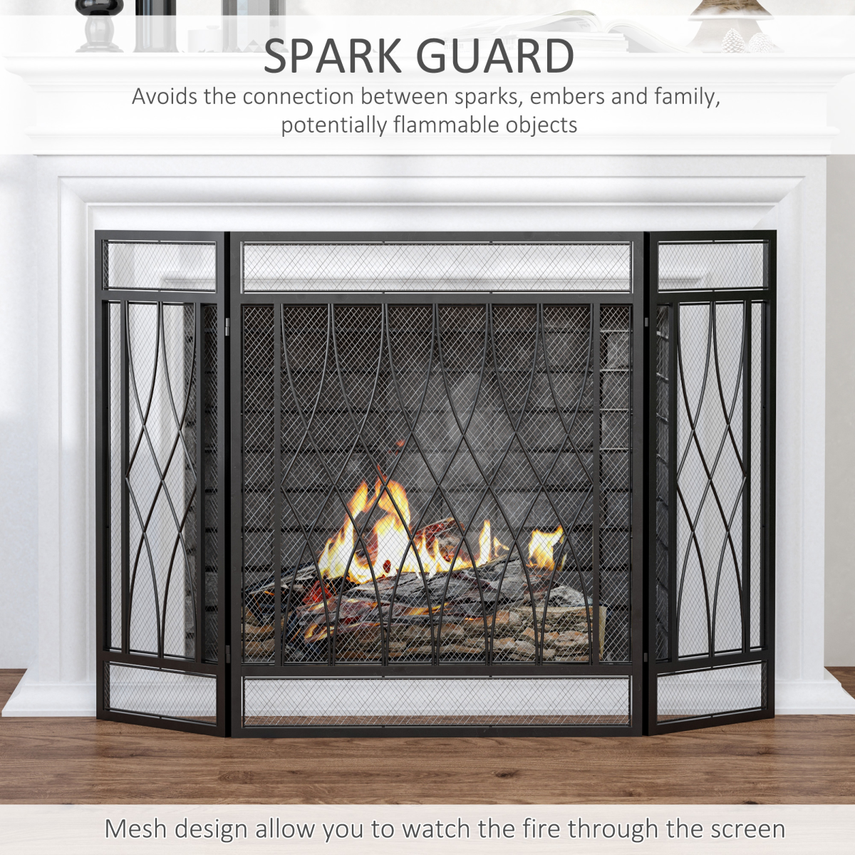 HOMCOM 3-Panel Folding Fireplace Screen with Curved Diamond Design – Black Metal Mesh Spark Guard