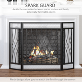 HOMCOM 3-Panel Folding Fireplace Screen with Curved Diamond Design – Black Metal Mesh Spark Guard